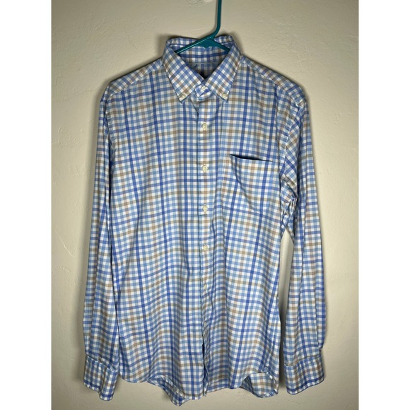 Peter Millar Button Down Shirt‎ Mens Medium Blue Tan Plaid Check Long Sleeve - Picture 3 of 10